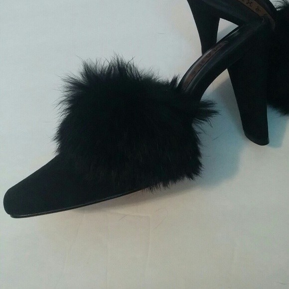 MAX&Co Fur Mules REAL FUR Trim Suede Uppers BLACK 4" HEELS WOMENS 35 IT - Picture 2 of 10